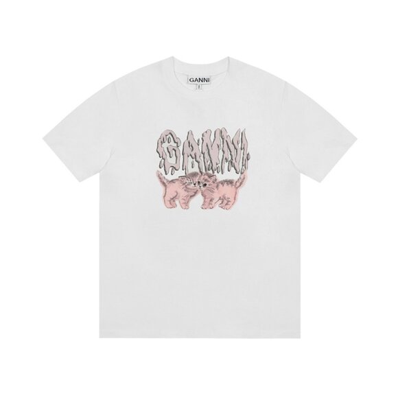 Ganni Pink Cat Cartoon Print White Short Sleeve T-Shirt